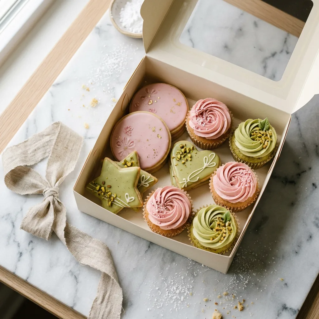 Pastel renkli kurabiyeler ve minik cupcake'lerle dolu, krem rengi hediye kutusu.