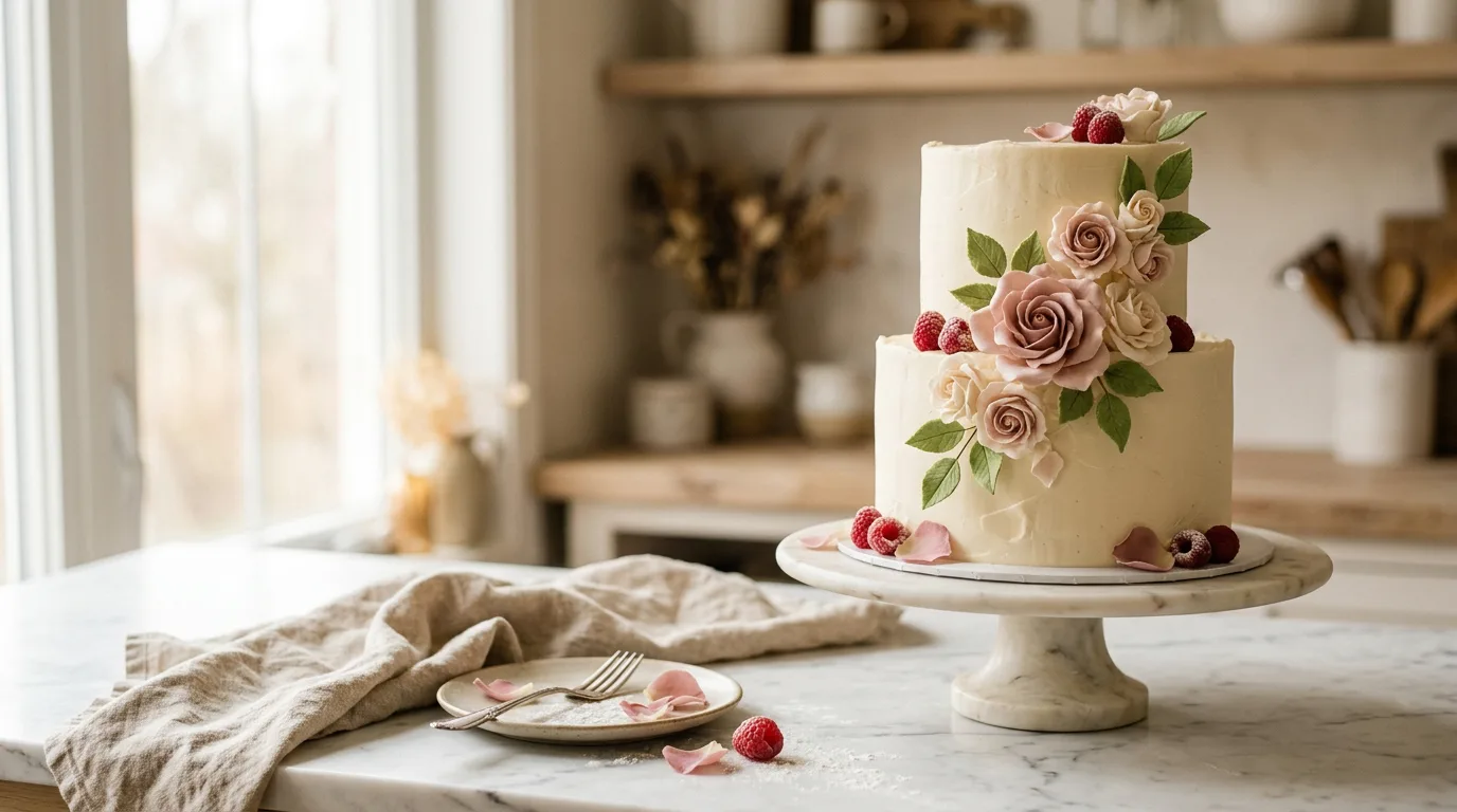 Pastel gül rengi şeker çiçekleri ve ahududularla süslenmiş, krem rengi kremalı iki katlı özel sipariş pasta.